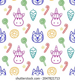 seamless pattern with rainbow unicorns. linear drawing in the doodle style. multi-colored objects on a white background. 7 colors of the rainbow. vector pattern
