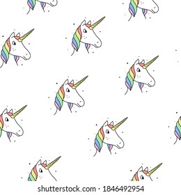 Seamless pattern of rainbow unicorns in a modern style on a white background.