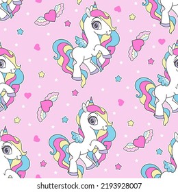 Seamless pattern with rainbow unicorns on a pink background. Children's theme. For fabric design, wrapping paper, wallpapers, backgrounds and so on. Vector