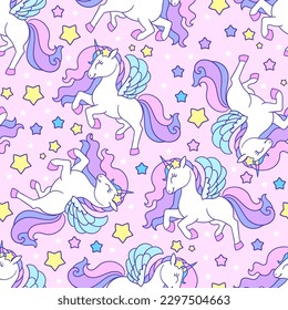 Seamless pattern with rainbow unicorns and stars. Magic theme. For children's wallpaper design, fabric, backgrounds, wrapping paper, cards and so on. Vector