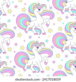 Patrón sin foco con unicornios arcoiris y estrellas en un fondo blanco. Para el diseño de tejidos para niños, papel pintado, fondos, papel de embalaje, rayado, embalaje, etc. Vector