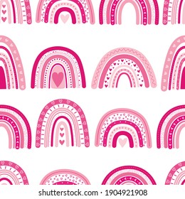 Seamless pattern Rainbow Valentine's Day hearts pink clouds stars vector illustration