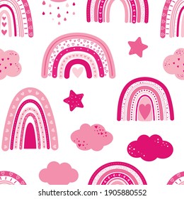 Seamless pattern Rainbow Valentine's Day hearts pink clouds stars vector illustration