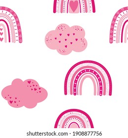 Seamless pattern Rainbow Valentine's Day hearts pink clouds stars vector illustration