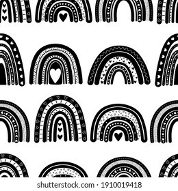 Seamless pattern Rainbow Valentine's Day hearts silhouettes clouds stars vector illustration