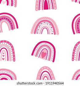 Seamless pattern Rainbow Valentine's Day hearts pink clouds stars vector illustration