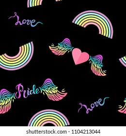 Seamless pattern with rainbow, wings, heart, hendwritten pride and love. Gay pride collection. LGBT sign for textiles and fabrics, t-shirts, wallpapers.