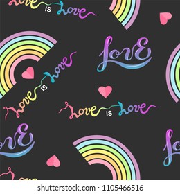 Seamless pattern with rainbow, wings, heart, hendwritten love. Gay pride collection. LGBT sign for textiles and fabrics, t-shirts, wallpapers. Love is Love-LGBT pride slogan.