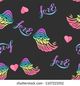 Seamless pattern with rainbow wings, heart, hendwritten love. Vector illustration for textiles and fabrics, t-shirts, wallpapers.