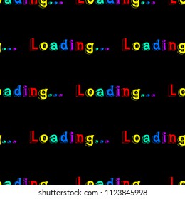 Seamless pattern with rainbow-colored "Loading" words. Quirky funny cartoon comic style of 80-90s. Black background.