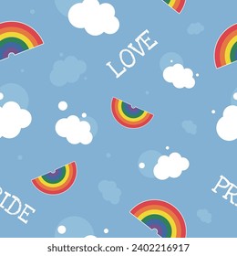 Seamless pattern of rainbow-colored rainbow and clouds on blue background. Editable stroke. Pride month banner background. 