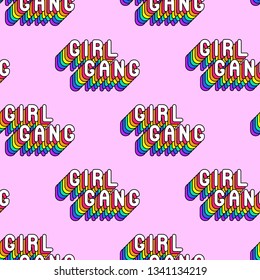 Seamless pattern with rainbow-colored words “Girl Gang” isolated on pink background. Text patches vector wallpaper. Fun cartoon, comic style design template. 