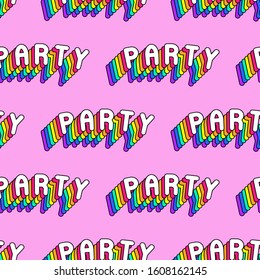 Seamless pattern with rainbow-colored words “Party” isolated on bright pink background. Fun patches vector wallpaper. Quirky cartoon comic style text of 80-90s.