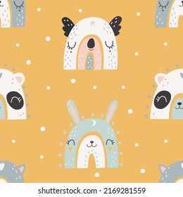 Seamless pattern with rainbows with animal faces. Vector illustration