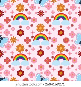 Seamless pattern with rainbows, butterflies, and blooming flowers on a soft pastel background. Perfect for textiles, stationery, gift wrap, and cheerful designs. Bright, joyful, and playful