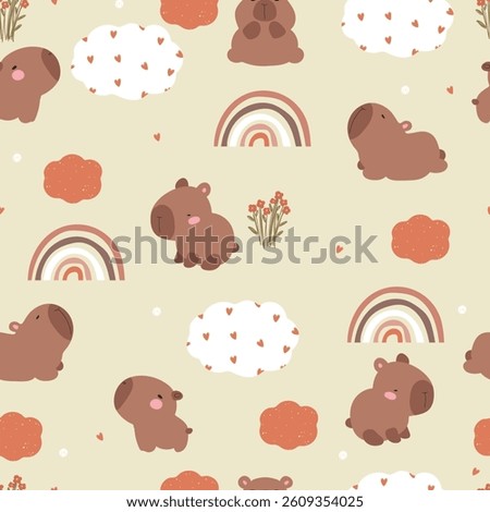 Seamless pattern with rainbows, capybaras,, clouds and flowers. Cute vector illustration