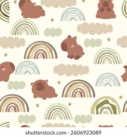 Seamless pattern with rainbows, capybaras, hearts and clouds. Cute kids illustration.