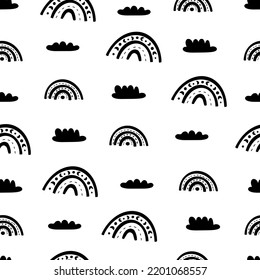 Seamless pattern of rainbows and clouds in black and white colors. Vector illustration for your design