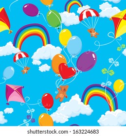 Patrón sin inconvenientes con arcos, nubes, globos coloridos, cometas, paracaídas y osos de peluche sobre fondo azul cielo.