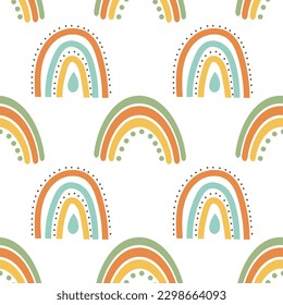 Patrón sin foco, arcos, nubes y flores de estilo retro boho. Fondo del bebé, textil, vector