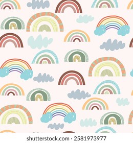 Seamless pattern with rainbows and clouds, kids illustration.