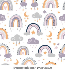 seamless pattern with rainbows and clouds for nursery room decor, wallpaper, textile prints, kids apparel, wrapping paper, scrapbooking, stationary, etc. EPS 10 