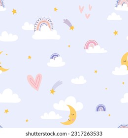 A seamless pattern with rainbows and clouds on the blue sky. Concept for kids linen, clothing, wrapping paper.