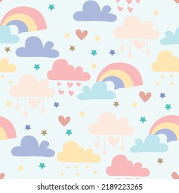 Seamless pattern with rainbows and clouds. Print for textile, covers, surface. For fashion fabric. Baby print