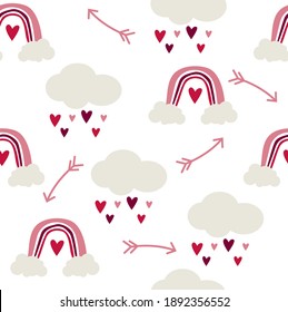 Seamless pattern of rainbows and clouds with rain hearts in childish Scandinavian style on a white background.