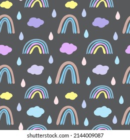Seamless pattern with rainbows and clouds in Scandinavian style. Boho pattern for the nursery.Hand drawn rainbow vector