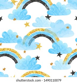 Seamless pattern with rainbows, clouds and stars. Vector watercolor illustration for kids