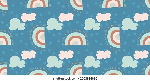 Seamless pattern with rainbows, clouds and stars. Cute endless pattern for kids textiles in handdrawn organic style. Vector illustration in flat style