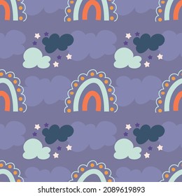Seamless pattern with rainbows, clouds and stars. Cute endless pattern for kids textiles in handdrawn organic style. Vector illustration in flat style