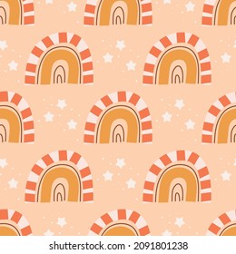 Patrón sin foco con arcos de lluvia, nubes y estrellas. Patrón interminable lindo para los niños textiles en estilo orgánico dibujado a mano. Ilustración vectorial en estilo plano