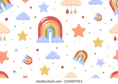 Seamless pattern with rainbows, clouds and stars. Hand drawn elements for nursery, baby clothes, textiles, wrapping paper, postcards. For children's goods store. Vector cartoon illustration 