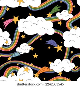 Seamless pattern with rainbows, clouds and stars in groovy cartoon style. Hand drawn vector background. 