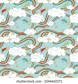 Seamless pattern with rainbows, clouds and stars in groovy cartoon style. Hand drawn vector background. 