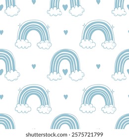 Seamless pattern with rainbows with clouds, stars and hearts. Cute pastel background, hand drawn illustration.