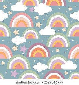 Seamless pattern with rainbows, clouds and stars