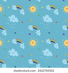 Seamless pattern of rainbows, clouds, sun. Children's print. Vector illustration on a blue background.