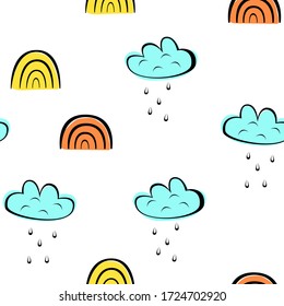 Seamless pattern with rainbows and clouds. Vector illustration.