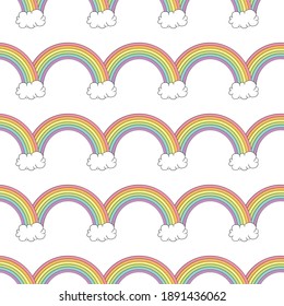 Seamless pattern with rainbows and clouds. Vector illustration.