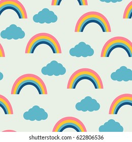 Seamless pattern with rainbows and clouds. Vector illustration.