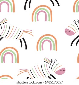 Seamless pattern with rainbows, clouds and Zebra. Vector illustration for printing on fabric, wrapping paper, postcard, picture, Wallpaper. Cute baby background.