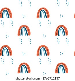 Seamless pattern of rainbows. Colorful seamless texture for kids. Kids fashion. Swatch of cartoon background. Stock vector illustration on white background.
