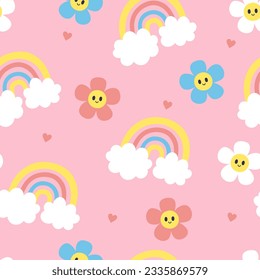 Seamless pattern with rainbows, cute smiling flowers and hearts. Vector graphics.