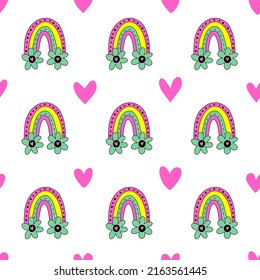 Seamless pattern of rainbows. Cute vector illustration. Groovy print for graphic tee in retro style. Cover of planner, bullet journal, decor for children’s room, textile, greeting card. Flat elements.