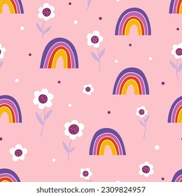 Seamless pattern with rainbows, flowers. Hand drawn texture for print, textile, packaging. Nursery decor.