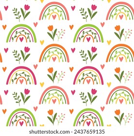 Seamless pattern with rainbows, flowers, leaves and hearts. Vector background in flat style.	