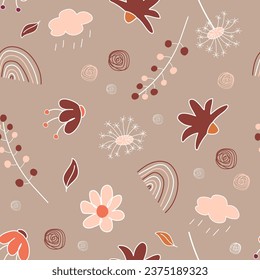 Nahtlose Muster von Regenbogen, Blumen, Pflanzen, Wolken. Cartoon, Vektorgrafik für Stoff, Hintergrund, Packpapier.
